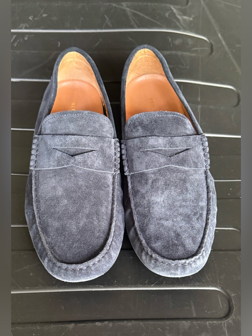Men's Suede Penny Loafers in Dark Blue - Slip-On Comfort